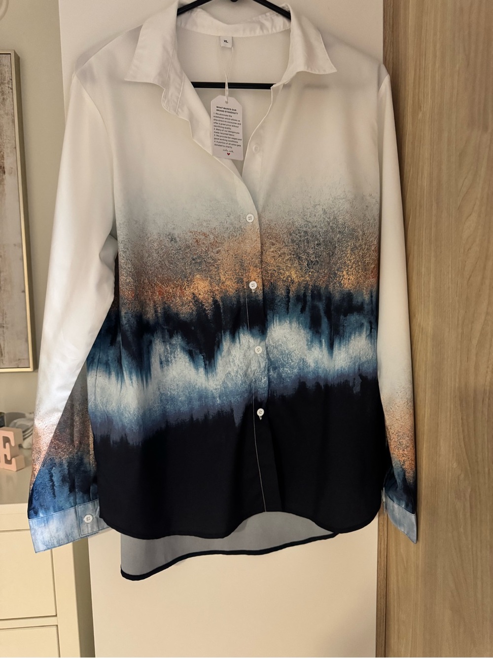 Abstract Ombre Button-Down Blouse - White, Blue & Black